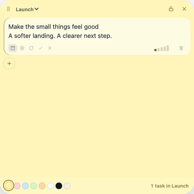 A real yellow Forge Sticky with a sample thought automatically filed into the Launch project.
